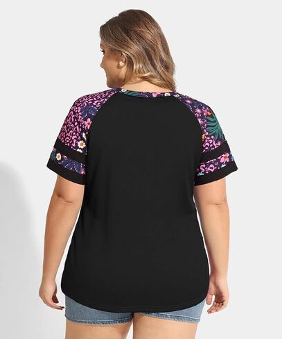 CARCOS بلوزات حجم كبير للنساء كم قصير الصيف البلوز اللون كتلة Crewneck/V الرقبة تي شيرت تونك فضفاضة تناسب بلايز XL-5XL in Kuwait