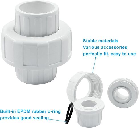 Waziaqoc 2 Pack 1 1/4 Inch PVC Union Coupling Pipe Fitting (Socket x Socket), 1.25 Inch PVC Slip Union PVC Adapter Schedule 40, EPDM O-Ring in Kuwait