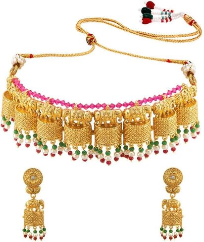 Aheli Classy Ethnic Wedding Party Wear Intricate Crafted Choker Necklace Jhumki Earrings Set for Women Indian Traditional Fashion Jewelry in Kuwait