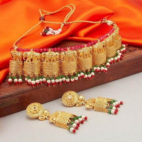 Aheli Classy Ethnic Wedding Party Wear Intricate Crafted Choker Necklace Jhumki Earrings Set for Women Indian Traditional Fashion Jewelry in Kuwait