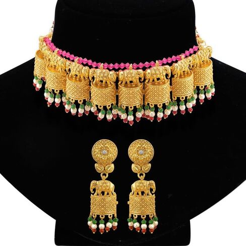 Aheli Classy Ethnic Wedding Party Wear Intricate Crafted Choker Necklace Jhumki Earrings Set for Women Indian Traditional Fashion Jewelry in Kuwait