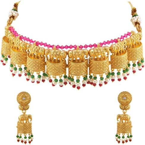 Aheli Classy Ethnic Wedding Party Wear Intricate Crafted Choker Necklace Jhumki Earrings Set for Women Indian Traditional Fashion Jewelry in Kuwait