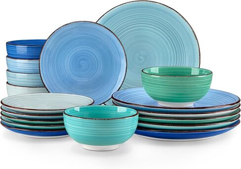 vancasso Bonita Dinnerware Set Blue Stoneware 12 Pieces Service for 4, Handpainted Spirals Pattern Stoneware Plates and Bowls Set in Kuwait
