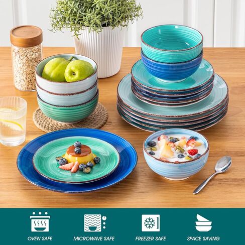 vancasso Bonita Dinnerware Set Blue Stoneware 12 Pieces Service for 4, Handpainted Spirals Pattern Stoneware Plates and Bowls Set in Kuwait