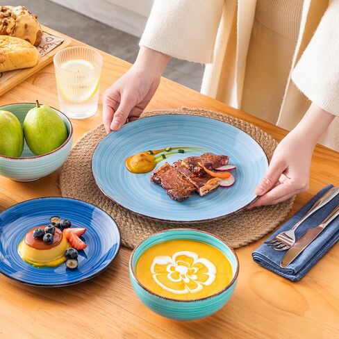 vancasso Bonita Dinnerware Set Blue Stoneware 12 Pieces Service for 4, Handpainted Spirals Pattern Stoneware Plates and Bowls Set in Kuwait