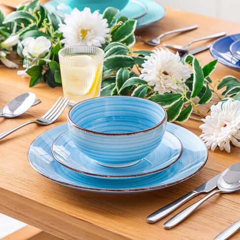 vancasso Bonita Dinnerware Set Blue Stoneware 12 Pieces Service for 4, Handpainted Spirals Pattern Stoneware Plates and Bowls Set in Kuwait