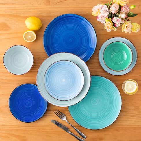 vancasso Bonita Dinnerware Set Blue Stoneware 12 Pieces Service for 4, Handpainted Spirals Pattern Stoneware Plates and Bowls Set in Kuwait