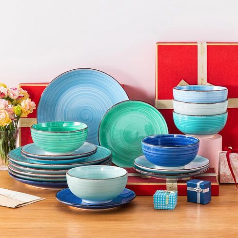 vancasso Bonita Dinnerware Set Blue Stoneware 12 Pieces Service for 4, Handpainted Spirals Pattern Stoneware Plates and Bowls Set in Kuwait