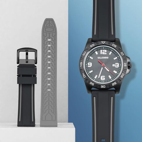 ULLCHRO Silicone Watch Strap Replacement Rubber Watch Band Waterproof Bicolor Men Women - 20, 22, 24, 26mm Watch Bracelet with Brushed Stainless Steel Buckle Black in Saudi Arabia