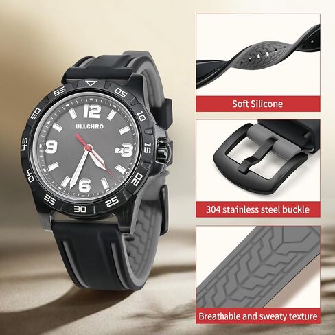 ULLCHRO Silicone Watch Strap Replacement Rubber Watch Band Waterproof Bicolor Men Women - 20, 22, 24, 26mm Watch Bracelet with Brushed Stainless Steel Buckle Black in Saudi Arabia