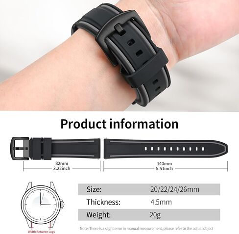 ULLCHRO Silicone Watch Strap Replacement Rubber Watch Band Waterproof Bicolor Men Women - 20, 22, 24, 26mm Watch Bracelet with Brushed Stainless Steel Buckle Black in Saudi Arabia