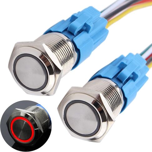 2PCS 22 مم زر الضغط على زر التبديل مقاوم للماء 12V-24V LED 1NO 1NC قفل الذات على/إيقاف الجولة المعدنية 7/8 '' ثقب التثبيت مع قابس السلك (IP66 ، LED أحمر) in Kuwait