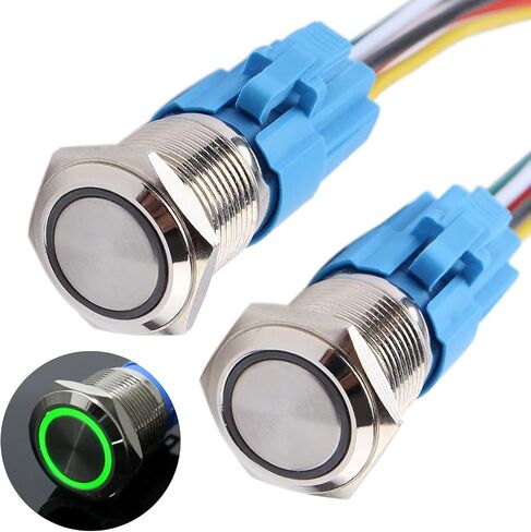 2PCS 22 مم زر الضغط على زر التبديل مقاوم للماء 12V-24V LED 1NO 1NC قفل الذات على/إيقاف الجولة المعدنية 7/8 '' ثقب التثبيت مع قابس السلك (IP66 ، LED أحمر) in Kuwait