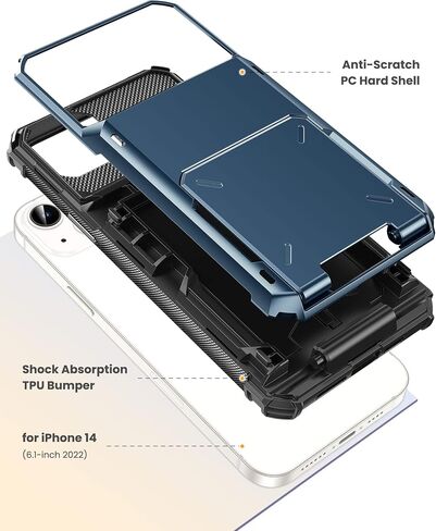 حافظة لهاتف iPhone 14 Plus مزودة بـ 5 فتحات لحامل بطاقات الائتمان وغطاء قلاب وتصميم جيب خلفي وطبقة مزدوجة ودرع مضاد للخدش وغطاء صلب هجين من مادة TPU الواقية لهاتف iPhone 14+ 6.7 باللون الأزرق الداكن in Kuwait