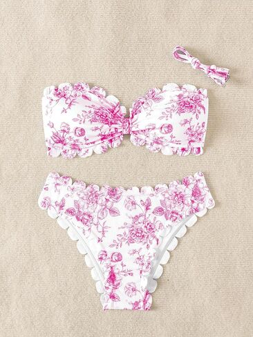Shenhe Women's 2 قطعة Bandeau Bikini مجموعات الأزهار طباعة الأسقلوب البوهو بلا حمالات in Kuwait