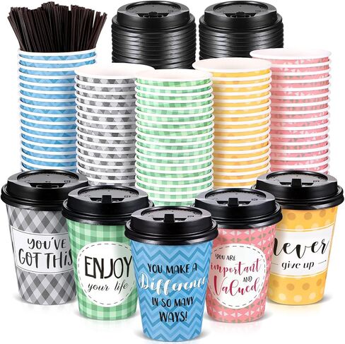 Gerrii 100 Pack Coffes Coffee Couph مع أغطية وقش ، ورقيب تحفيزي مع 6 اقتباسات وتصميمات للمياه والعصير والشاي والمنزل ومقهى Shop (12 أوقية) in Kuwait