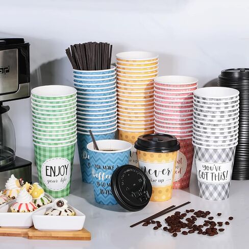 Gerrii 100 Pack Coffes Coffee Couph مع أغطية وقش ، ورقيب تحفيزي مع 6 اقتباسات وتصميمات للمياه والعصير والشاي والمنزل ومقهى Shop (12 أوقية) in Kuwait