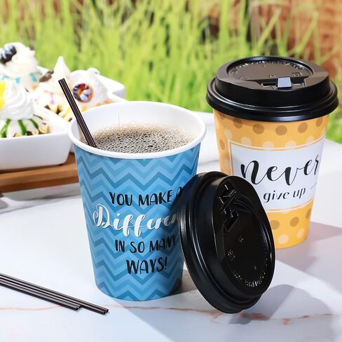 Gerrii 100 Pack Coffes Coffee Couph مع أغطية وقش ، ورقيب تحفيزي مع 6 اقتباسات وتصميمات للمياه والعصير والشاي والمنزل ومقهى Shop (12 أوقية) in Kuwait