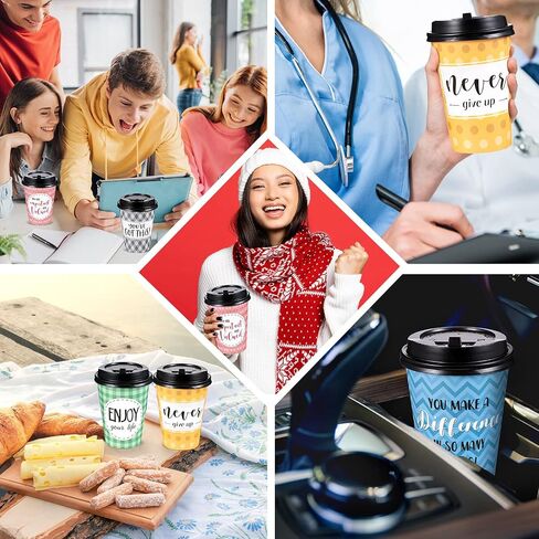 Gerrii 100 Pack Coffes Coffee Couph مع أغطية وقش ، ورقيب تحفيزي مع 6 اقتباسات وتصميمات للمياه والعصير والشاي والمنزل ومقهى Shop (12 أوقية) in Kuwait