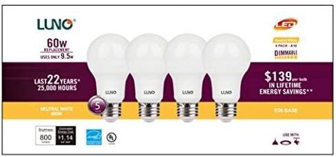 LUNO A19 Dimmable LED Bulb, 9.5W (60W Equivalent), 800 Lumens, 5000K (Daylight), Medium Base (E26),UL & Energy Star (4-Pack) in Kuwait