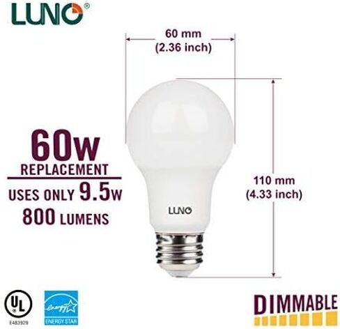 LUNO A19 Dimmable LED Bulb, 9.5W (60W Equivalent), 800 Lumens, 5000K (Daylight), Medium Base (E26),UL & Energy Star (4-Pack) in Kuwait