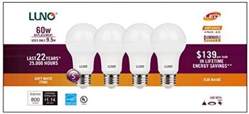LUNO A19 Dimmable LED Bulb, 9.5W (60W Equivalent), 800 Lumens, 5000K (Daylight), Medium Base (E26),UL & Energy Star (4-Pack) in Kuwait