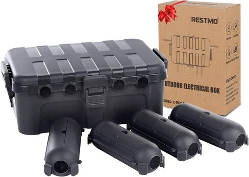 RESTMO IP54 Extra Large Outdoor Box w/ 6 Cable Seal Entry, Bundle w/ 4 Small Weatherproof Extension Cord Safety Cover, Protect Power Strip, Timer Outlet Plug, Christmas Decoration, Black. in Kuwait
