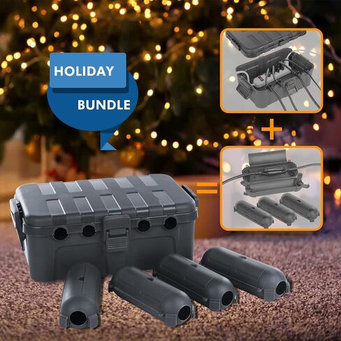 RESTMO IP54 Extra Large Outdoor Box w/ 6 Cable Seal Entry, Bundle w/ 4 Small Weatherproof Extension Cord Safety Cover, Protect Power Strip, Timer Outlet Plug, Christmas Decoration, Black. in Kuwait