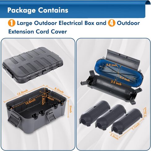 RESTMO IP54 Extra Large Outdoor Box w/ 6 Cable Seal Entry, Bundle w/ 4 Small Weatherproof Extension Cord Safety Cover, Protect Power Strip, Timer Outlet Plug, Christmas Decoration, Black. in Kuwait