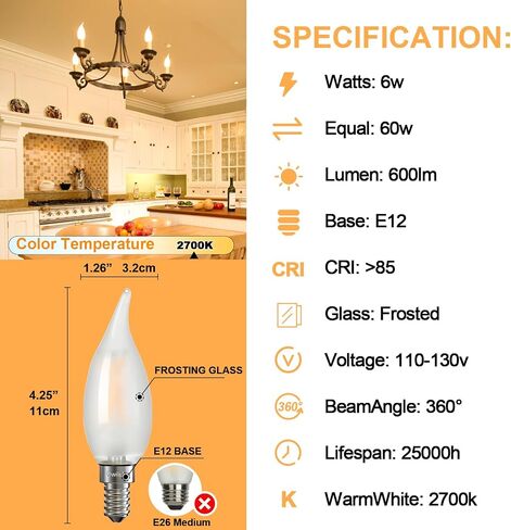 مصابيح الضوء المتجمد الثريا 4W (ما يعادل 40W) ، شمعة Candelabra E12 LED لمبة LOD BAND ناعمة اللون الأبيض الدافئ 2700 كيلو in Kuwait