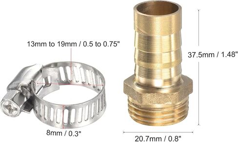 uxcell Brass Hose Barb Fitting Straight 10mm x G1/2 Male Thread Pipe Connector with Stainless Steel Hose Clamp, Pack of 2 in Kuwait