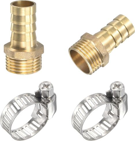 uxcell Brass Hose Barb Fitting Straight 10mm x G1/2 Male Thread Pipe Connector with Stainless Steel Hose Clamp, Pack of 2 in Kuwait