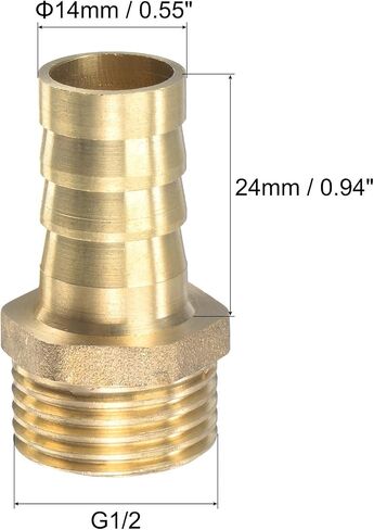 uxcell Brass Hose Barb Fitting Straight 10mm x G1/2 Male Thread Pipe Connector with Stainless Steel Hose Clamp, Pack of 2 in Kuwait