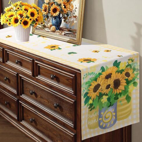 yuboo Sunflower Table Runner Spring, Yellow and White Sunflower with Stripe Table Runner 72 Inches Long, Dresser Runner Cover Top for Kitchen, Dining Room, Living Room, Spring Sunflower Decorations in Kuwait