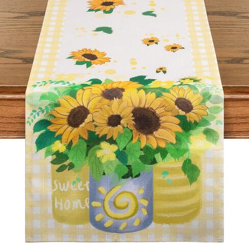 yuboo Sunflower Table Runner Spring, Yellow and White Sunflower with Stripe Table Runner 72 Inches Long, Dresser Runner Cover Top for Kitchen, Dining Room, Living Room, Spring Sunflower Decorations in Kuwait