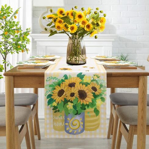 yuboo Sunflower Table Runner Spring, Yellow and White Sunflower with Stripe Table Runner 72 Inches Long, Dresser Runner Cover Top for Kitchen, Dining Room, Living Room, Spring Sunflower Decorations in Kuwait