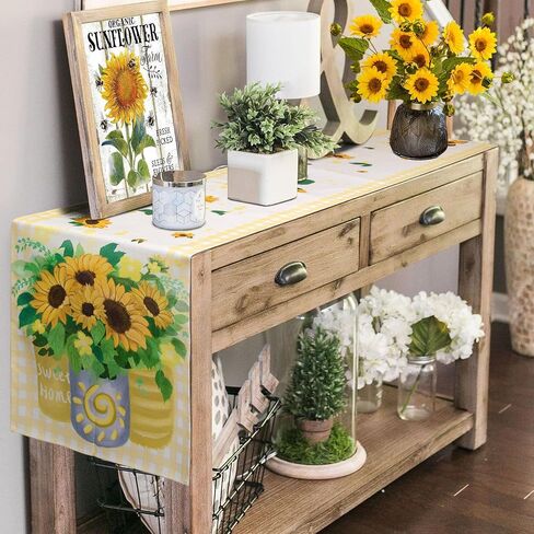 yuboo Sunflower Table Runner Spring, Yellow and White Sunflower with Stripe Table Runner 72 Inches Long, Dresser Runner Cover Top for Kitchen, Dining Room, Living Room, Spring Sunflower Decorations in Kuwait