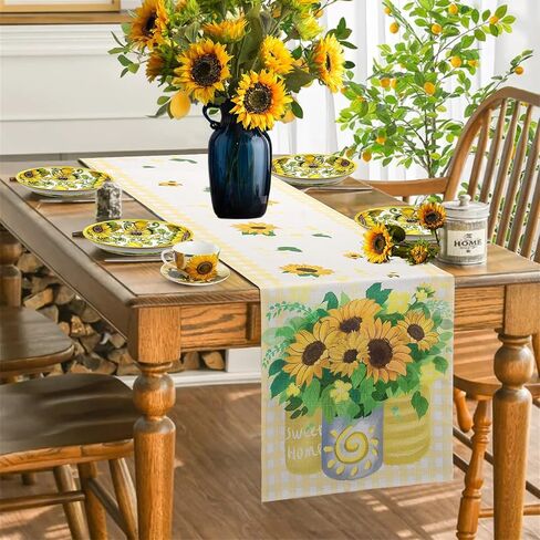 yuboo Sunflower Table Runner Spring, Yellow and White Sunflower with Stripe Table Runner 72 Inches Long, Dresser Runner Cover Top for Kitchen, Dining Room, Living Room, Spring Sunflower Decorations in Kuwait