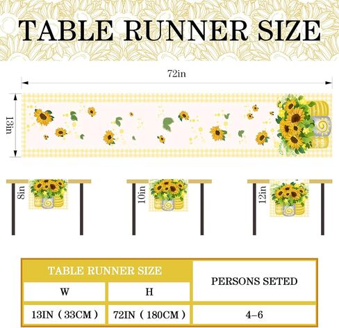yuboo Sunflower Table Runner Spring, Yellow and White Sunflower with Stripe Table Runner 72 Inches Long, Dresser Runner Cover Top for Kitchen, Dining Room, Living Room, Spring Sunflower Decorations in Kuwait