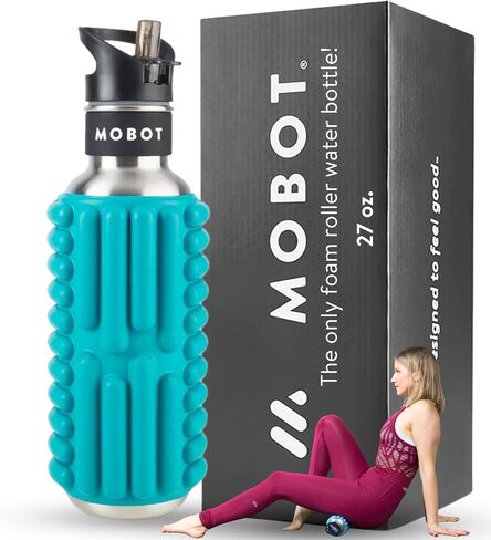 MOBOT Portable Travel Foam Roller Water Bottle with Sip Straw, Stainless Steel Screw Lid | Insulated Sports Water Bottle and Foam Rollers for Yoga, Workout, Home Gym, & Exercise 40oz. (Blue) in Saudi Arabia