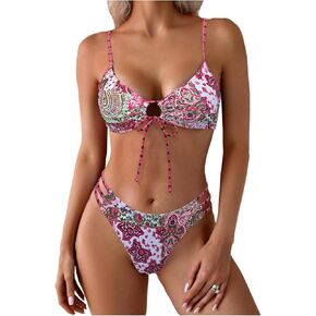 MakeMeChic Women's Boho Bikini Sets Paisley Print Ruched Cut Out Tie Front Swimsuit Bathing Suits Beachwear in Kuwait