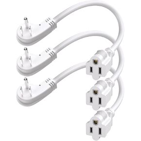 سلك مسطح قصير الطاقة سلك 1 قدم أبيض 14 AWG 15A 1875W ملف تعريف منخفض 3-كابل امتداد داخلي (3 عبوة)