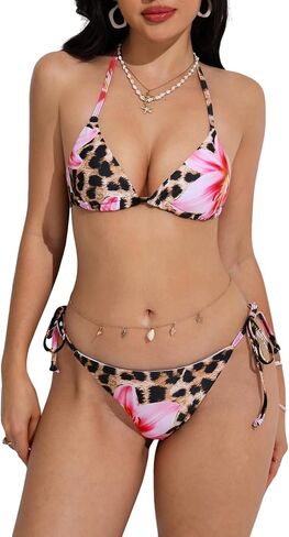 Verdusa Women's 2 Piece Cheetah Floral Swimsuit Halter Triangle Tie Side String Bikini Set in Kuwait