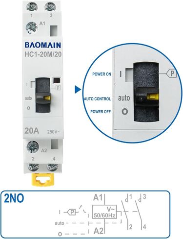 Baomain Manual Household AC Contactor HC1-63M/2 63A 2 Pole 50/60Hz Modular Contactor Circuit Control 35mm DIN Rail (2NO, AC 220V, HC1-63M/20) in Saudi Arabia