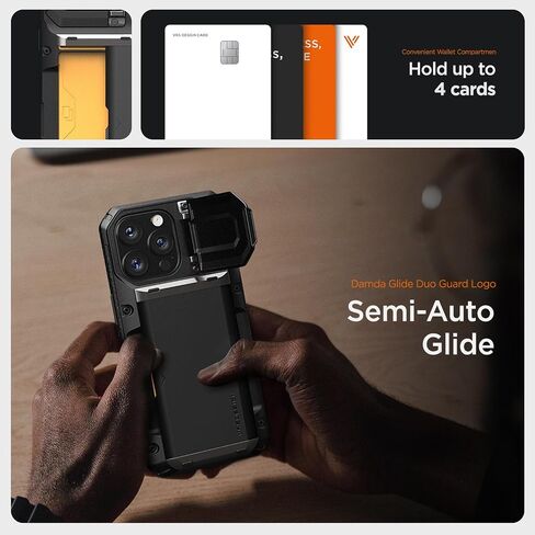 حافظة هاتف VRS DESIGN Damda Glide DuoGuard لهاتف iPhone 13 Pro Max (2021)، حافظة محفظة متينة ومغطاة بالكامل لحماية عدسات الكاميرا (أسود أخدود) in Kuwait