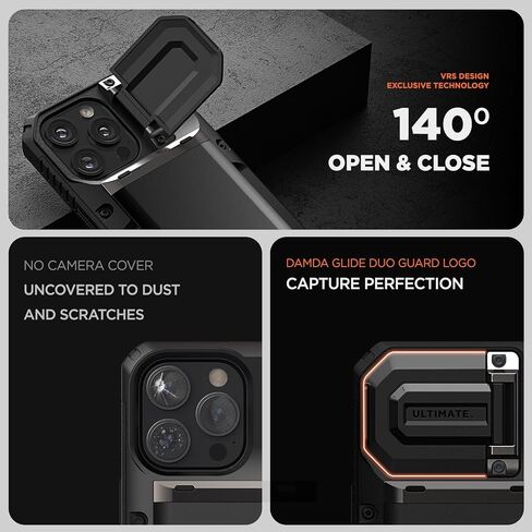 حافظة هاتف VRS DESIGN Damda Glide DuoGuard لهاتف iPhone 13 Pro Max (2021)، حافظة محفظة متينة ومغطاة بالكامل لحماية عدسات الكاميرا (أسود أخدود) in Kuwait