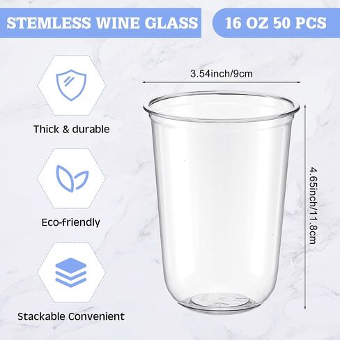 50 Pcs 16oz Disposable Stemless Glasses Crystal Plastic Wine Glasses Clear Classic Pet Cup for Meeting Weddings Birthdays Cocktail Christmas Party Supplies(Pink) in Kuwait