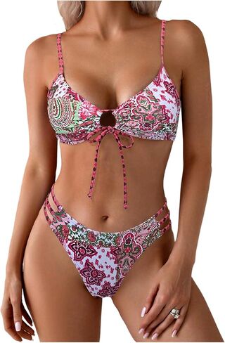MakeMeChic Women's Boho Bikini Sets Paisley Print Ruched Cut Out Tie Front Swimsuit Bathing Suits Beachwear in Kuwait