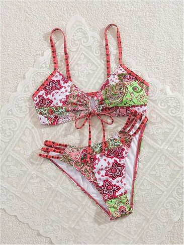 MakeMeChic Women's Boho Bikini Sets Paisley Print Ruched Cut Out Tie Front Swimsuit Bathing Suits Beachwear in Kuwait