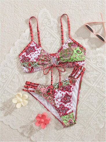 MakeMeChic Women's Boho Bikini Sets Paisley Print Ruched Cut Out Tie Front Swimsuit Bathing Suits Beachwear in Kuwait